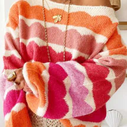 Contrast Boat Neck Long Sleeve Sweater