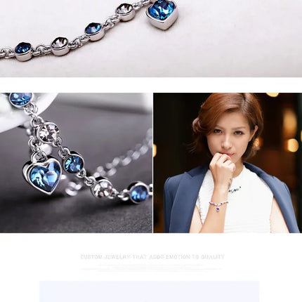 Women Silver Color Lucky Bracelet Female Blue Crystal Heart Charm Pulseras Bracelet Bridal Wedding Engagement Fine Jewelry Gift