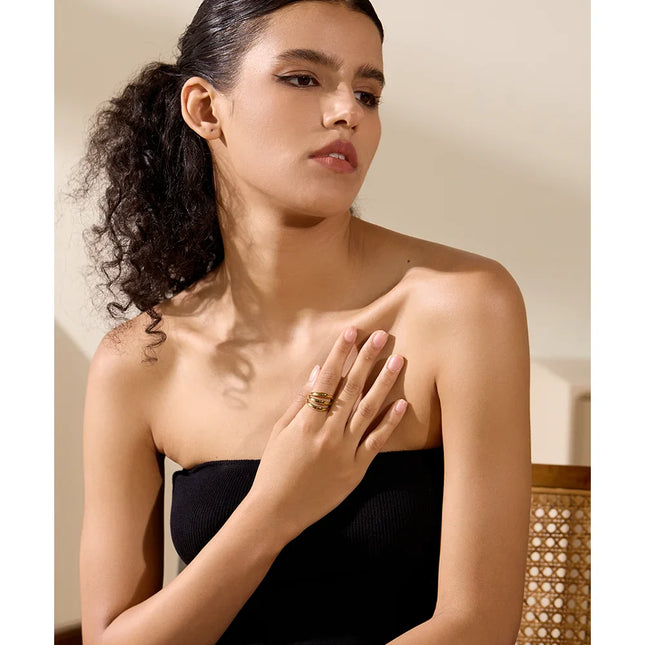 Yhpup Stainless Steel Geometric Hollow Layered Wide Ring Metal Texture Waterproof Daily Simple Stylish Golden Jewelry for Women