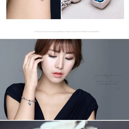 Women Silver Color Lucky Bracelet Female Blue Crystal Heart Charm Pulseras Bracelet Bridal Wedding Engagement Fine Jewelry Gift