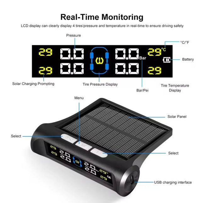 Solar Powered Wireless Tyre Pressure Monitoring System (TPMS) with 4 External Sensors – Real-Time LCD Display, USB Dual Charging, High/Low Pressure & Temperature Alerts for Cars, SUVs, Vans